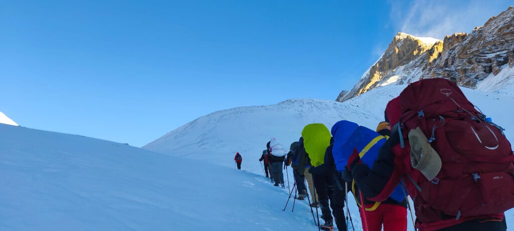 Thorong La Pass in the Annapurna region of Nepal with snow-covered mountains