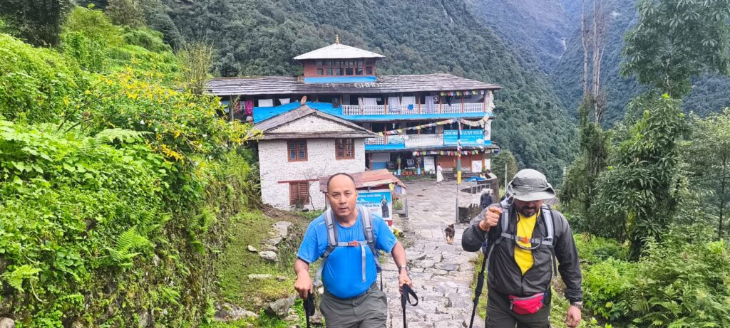 Trekkers at Chhomrong Village, Annapurna, Nepal.