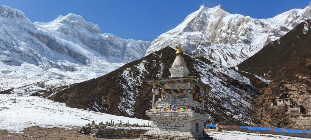 Buddhist stupa at Pungen Gompa with the Manaslu Himalayas.