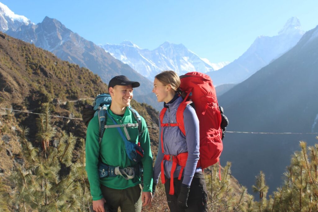 Everest trekkers enjoying Himalayan mountain views.